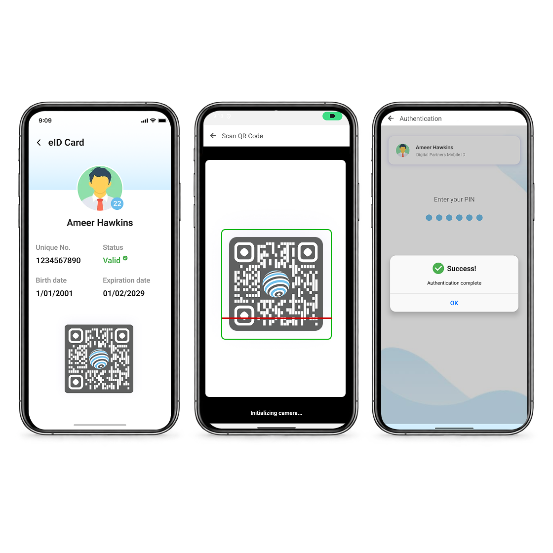 Mobile ID credential, QR verification and authentication screens